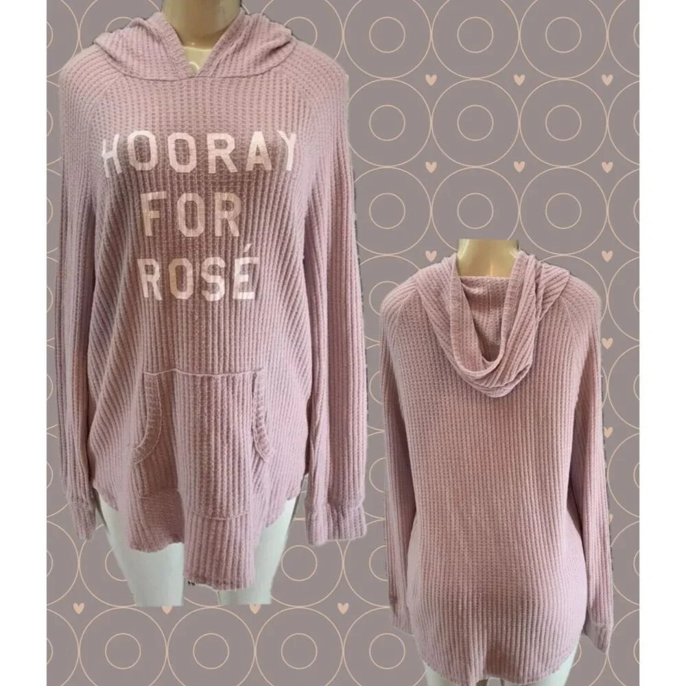 Grayson Threads XL Rose Beige Ribbed Hooray for Rose Graphic Long Sleeve Hoodie